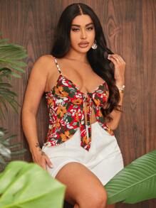 SHEIN SXY Áo hai dây Bất đối xứng Thắt nơ trước Hoa Boho - Nhiều màu - Xem 1