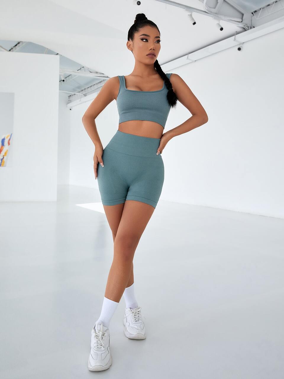 2pcs Seamless Yoga Set Sports Suit Ribbed Tank Top Bodycon Tummy Control Shorts
