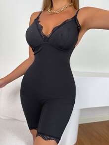 Contrast Lace Unitard Jumpsuit - Black - View 5