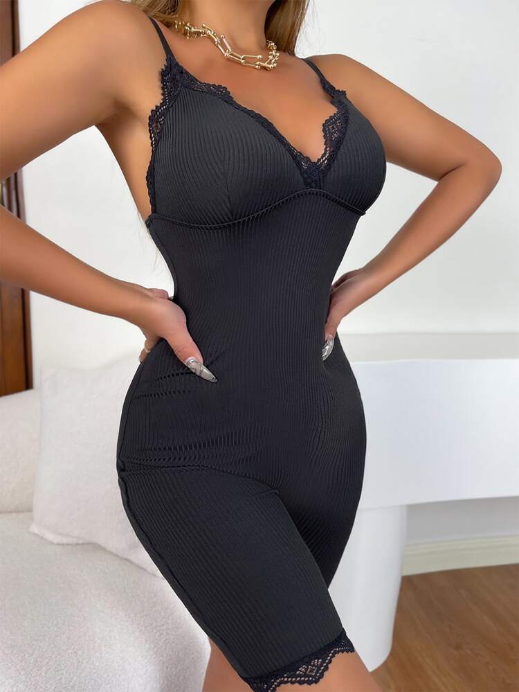 Contrast Lace Unitard Jumpsuit - Black - View 6