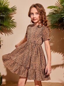 SHEIN Vestido para niña preadolescente con estampado completo y espalda con detalle de llave - Multicolor - Ver 3