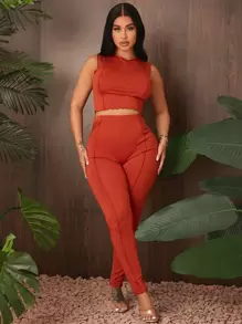 SHEIN SXY Solid Contrast Piping Crop Tank Top & Leggings - Rust Brown - View 1