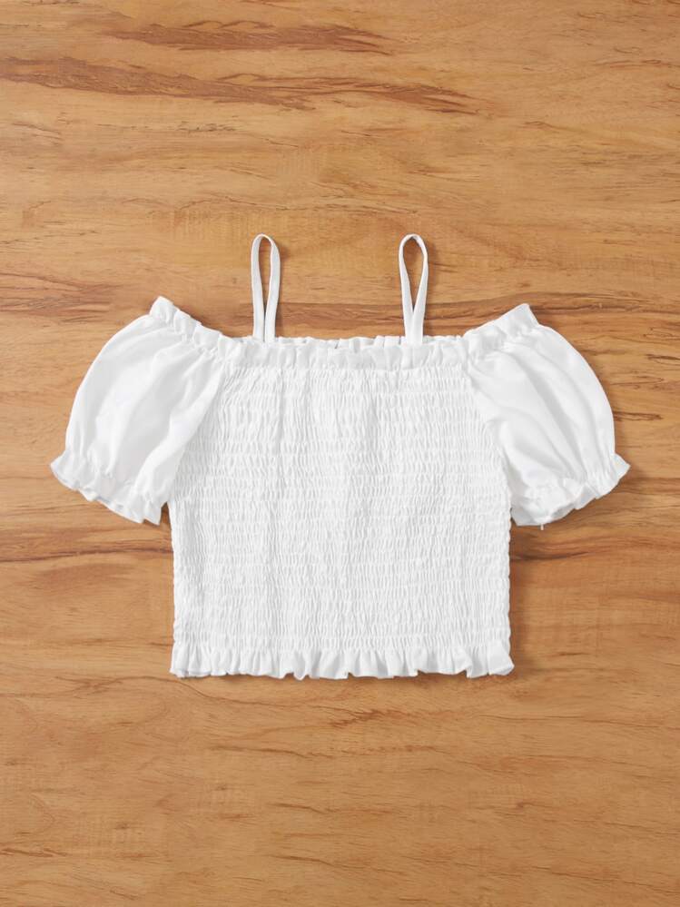 Niñas Blusa con fruncido ribete de hombros descubiertos - Blanco - Añade 2