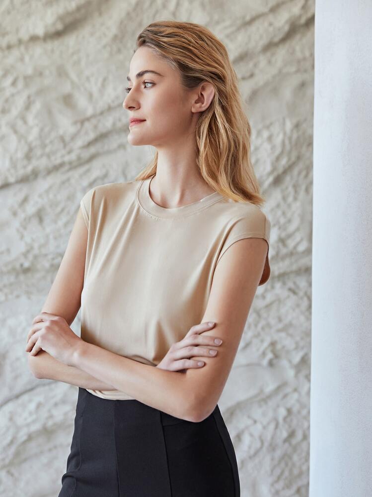 MOTF PREMIUM Áo thun nữ màu trơn Giải trí - Màu Khaki - Xem 11