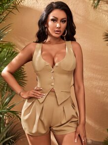 SHEIN SXY Áo khoác  âu phục nữ Nút phía trước màu trơn Gợi cảm - Màu Khaki - Xem 1