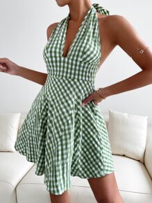 格子圖案後背繫帶掛脖洋裝 - 彩色 - 查看 2