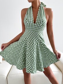 格子圖案後背繫帶掛脖洋裝 - 彩色 - 查看 7