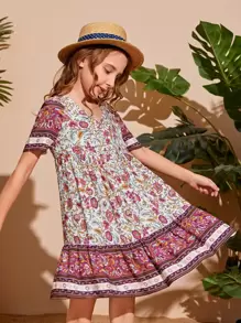 SHEIN Đầm Gái Viên lá sen Hoa Boho - Nhiều màu - Xem 1