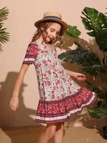 SHEIN Đầm Gái Viên lá sen Hoa Boho - Nhiều màu - Xem 7