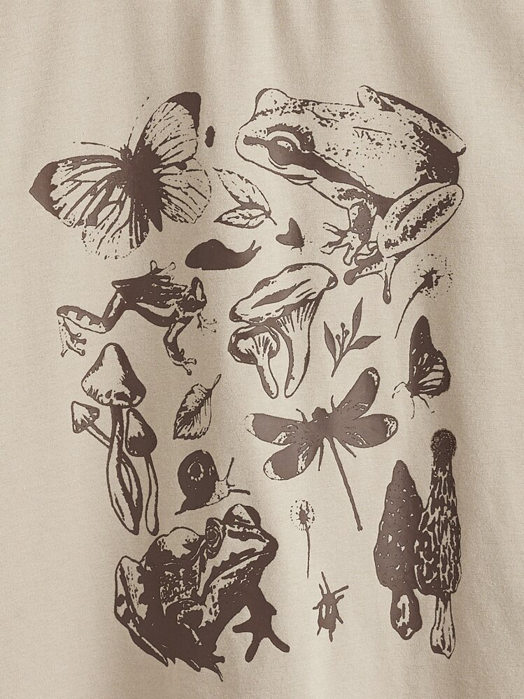 SHEIN Tween Girl Butterfly & Mushroom Print Tee - Khaki - View 3
