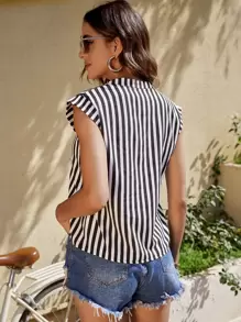 Blusa de rayas verticales de cuello notch - Blanco y Negro - Ver 2