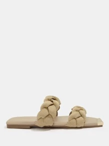 Metal Decor Braided Detail Slide Sandals - Khaki - View 4