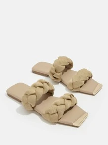 Metal Decor Braided Detail Slide Sandals - Khaki - View 5