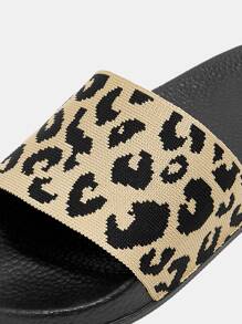 CUCCOO BASICS Woman Shoes Knit Detail Leopard Pattern Slides For Summer Vacation Shoes Summer Back To School Shoes College Student Shoes For Casual Beach Style - Camel - View 3