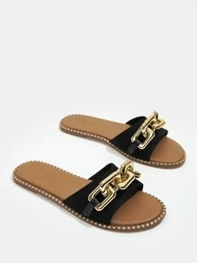 Styleloop 女士鏈條裝飾平底涼鞋時尚黑色拖鞋 - 黑色 - 查看 5