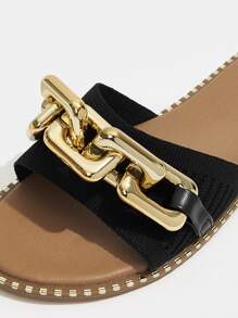 Styleloop 女士鏈條裝飾平底涼鞋時尚黑色拖鞋 - 黑色 - 查看 3