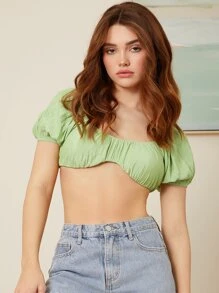 SHEIN Unity Áo nữ Nếp gấp Phần Ngực màu trơn Boho - Màu xanh Bạc hà - Xem 5