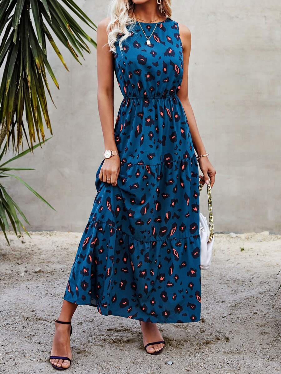SHEIN LUNE Leopard Sleeveless Ruffle Hem A-line Dress