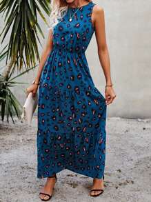 SHEIN LUNE Leopard Sleeveless Ruffle Hem A-line Dress