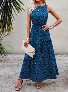 SHEIN LUNE Leopard Sleeveless Ruffle Hem A-line Dress