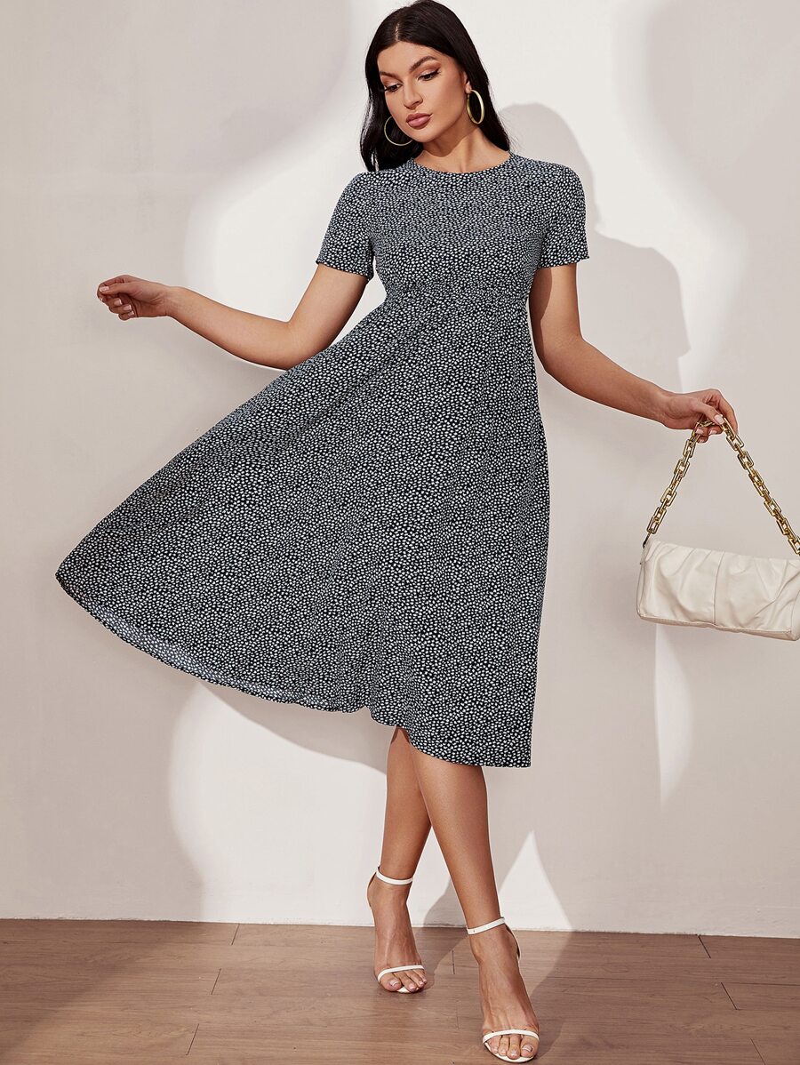 SHEIN LUNE All Over Print A-line Dress - Black and White - View 1