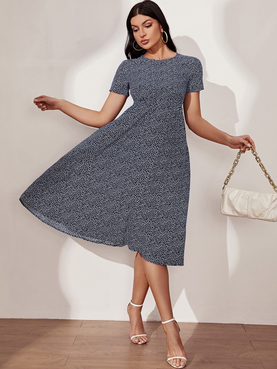 SHEIN LUNE All Over Print A-line Dress - Navy Blue - View 1