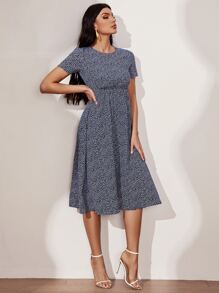 SHEIN LUNE All Over Print A-line Dress - Navy Blue - View 3