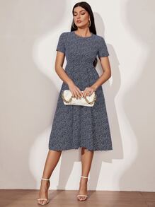 SHEIN LUNE All Over Print A-line Dress - Navy Blue - View 5
