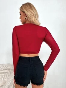 Áo nữ Tương phản Mesh màu trơn Gợi cảm - Màu Đỏ Sâu - Xem 2