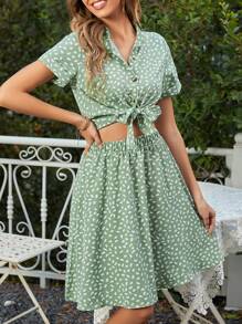 Bộ đồ hai mảnh nữ Thắt nơ trước Nút phía trước Tất cả trên in Boho - Màu xanh Bạc hà - Xem 1