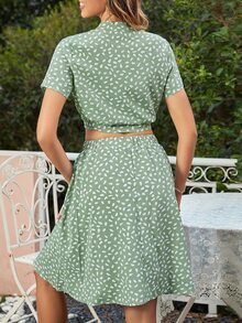 Bộ đồ hai mảnh nữ Thắt nơ trước Nút phía trước Tất cả trên in Boho - Màu xanh Bạc hà - Xem 2