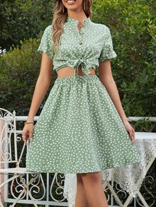 Bộ đồ hai mảnh nữ Thắt nơ trước Nút phía trước Tất cả trên in Boho - Màu xanh Bạc hà - Xem 4