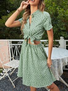 Bộ đồ hai mảnh nữ Thắt nơ trước Nút phía trước Tất cả trên in Boho - Màu xanh Bạc hà - Xem 6