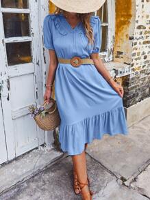 Eyelet Embroidery Ruffle Hem Smock Dress Without Belt - Blue - View 1