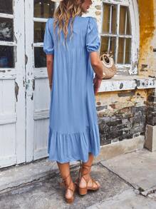 Eyelet Embroidery Ruffle Hem Smock Dress Without Belt - Blue - View 2