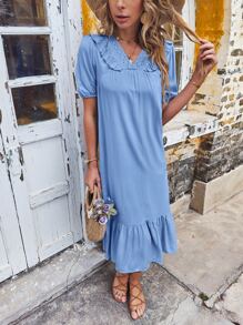 Eyelet Embroidery Ruffle Hem Smock Dress Without Belt - Blue - View 3