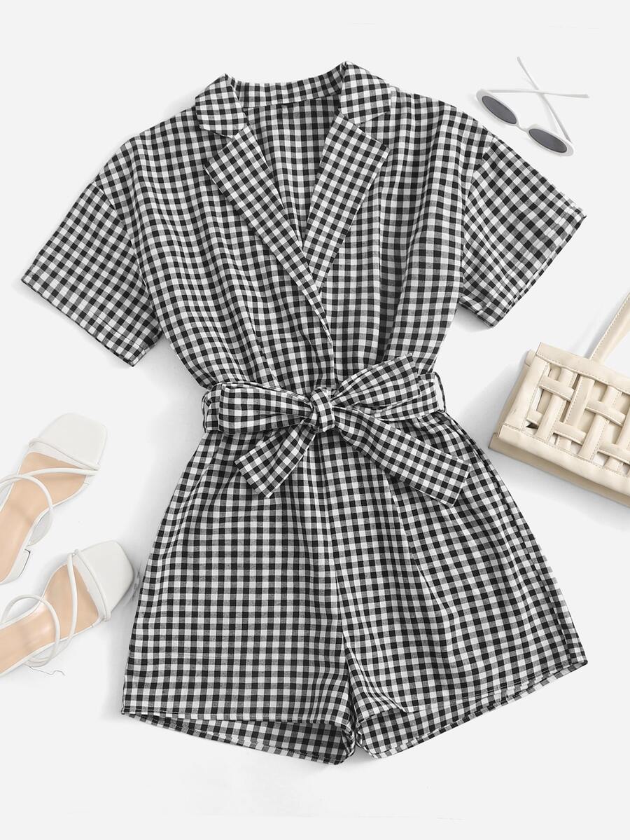 SHEIN Gingham Print Lapel Neck Belted Jumpsuit - Black and White - View 1