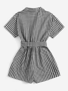 SHEIN Gingham Print Lapel Neck Belted Jumpsuit - Black and White - View 2