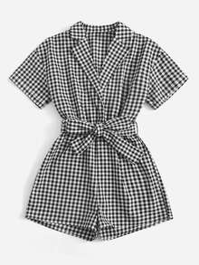 SHEIN Gingham Print Lapel Neck Belted Jumpsuit - Black and White - View 3