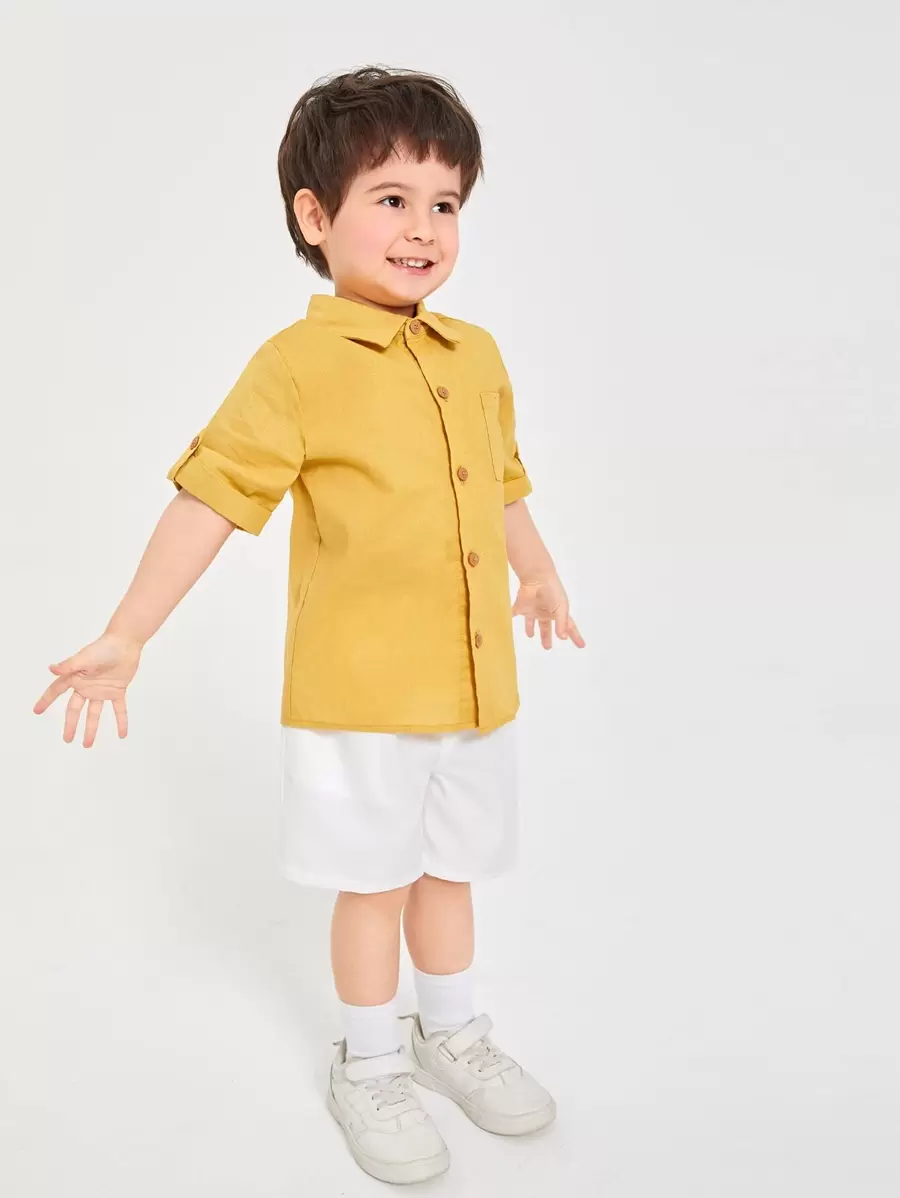 SHEIN 小男童捲邊袖襯衫 - 芥末黃 - 查看 1