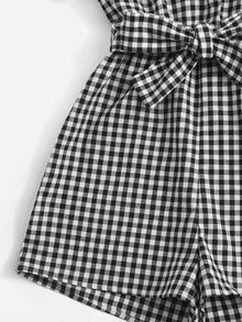 SHEIN Gingham Print Lapel Neck Belted Jumpsuit - Black and White - View 5
