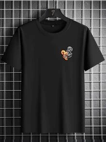Manfinity Homme Camisetas para hombres de cuello redondo ajustado con mangas cortas, un diseño gráfico de un oso informal para el verano hecha de poliéster - Negro - Ver 2