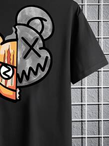 Manfinity Homme Camisetas para hombres de cuello redondo ajustado con mangas cortas, un diseño gráfico de un oso informal para el verano hecha de poliéster - Negro - Ver 3