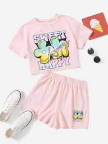 SHEIN Bộ hai mảnh Gái Hoa Lá thư Giải trí - Màu Hồng baby - Xem 1