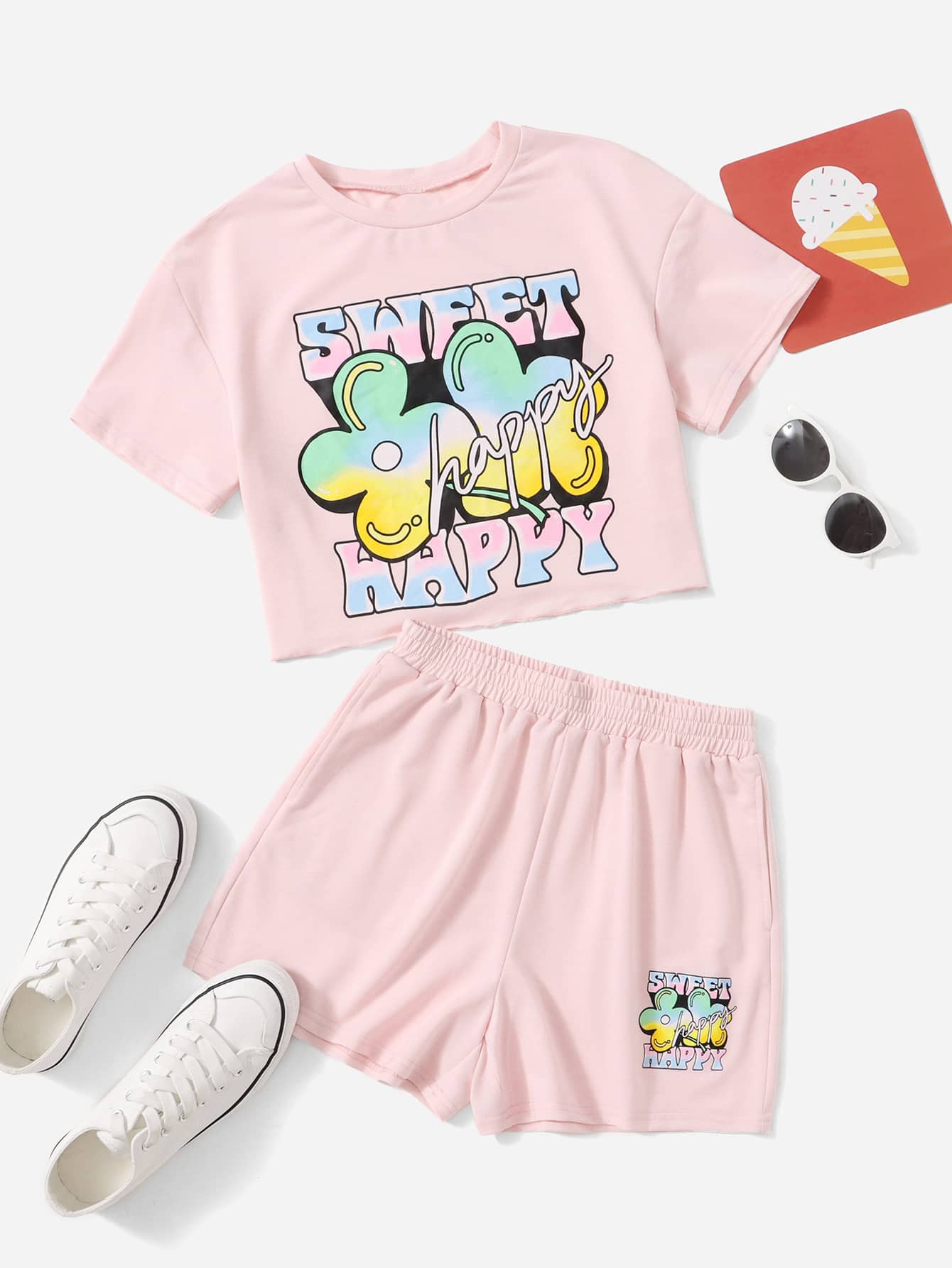 SHEIN Bộ hai mảnh Gái Hoa Lá thư Giải trí - Màu Hồng baby - Xem 1