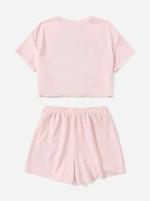 SHEIN Bộ hai mảnh Gái Hoa Lá thư Giải trí - Màu Hồng baby - Xem 2