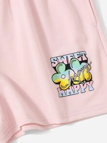 SHEIN Bộ hai mảnh Gái Hoa Lá thư Giải trí - Màu Hồng baby - Xem 4