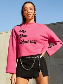SHEIN EZwear Mock Neck Slogan Embroidery Pullover - Pink - View 2