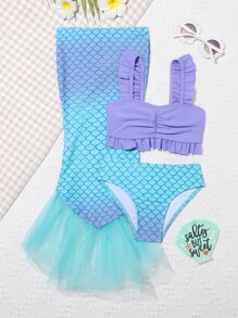 Young Girls Bikini Sets - Adorable Purple Mermaid Three-Piece Swimsuit Set. Features Knitted Fabric, Ruffle-Trimmed Separable Bikini Top & Bottom, And A Matching Detachable Fishtail Skirt. Fashionable, Casual, Yet Exquisite And Elegant Design. Perfect For Swimming, Summer Vacations, Beach Trips, Pool Parties, And Holiday Getaways. - Multicolor - View 1