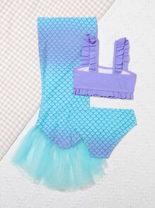 Young Girls Bikini Sets - Adorable Purple Mermaid Three-Piece Swimsuit Set. Features Knitted Fabric, Ruffle-Trimmed Separable Bikini Top & Bottom, And A Matching Detachable Fishtail Skirt. Fashionable, Casual, Yet Exquisite And Elegant Design. Perfect For Swimming, Summer Vacations, Beach Trips, Pool Parties, And Holiday Getaways. - Multicolor - View 2